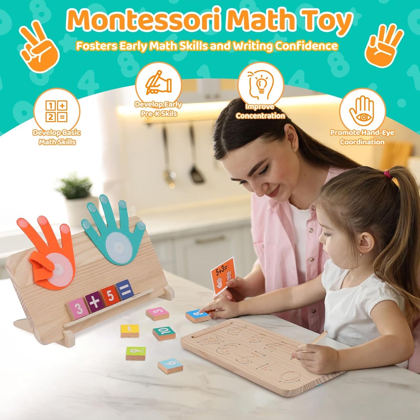 Montessori Learning Toy – Finger Counting & Number Tracing Board with Color Blocks
