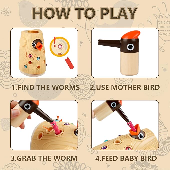 Woodpecker Worm Toy,Magnetic Bird Feeding Game