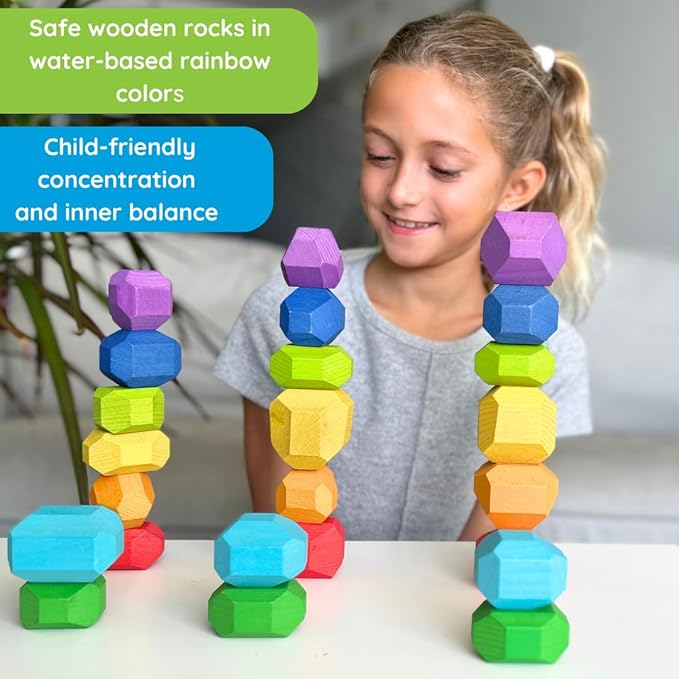 Wooden Stacking Stones Building Blocks – Colorful Balancing Rock Toys for Preschool Kids