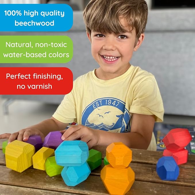Wooden Stacking Stones Building Blocks – Colorful Balancing Rock Toys for Preschool Kids