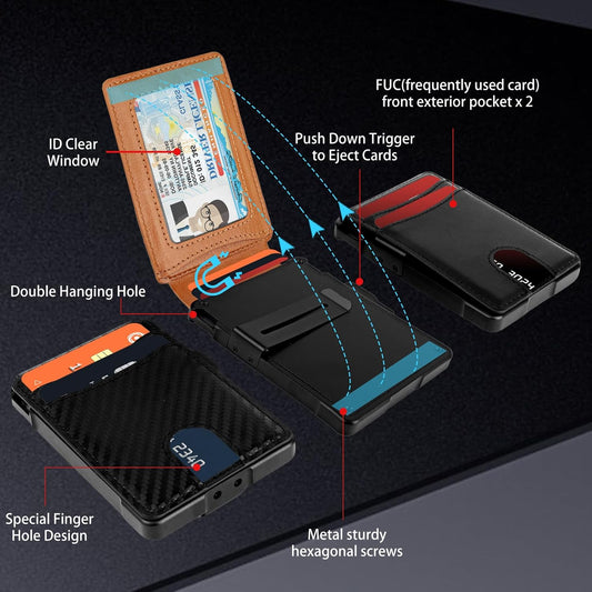 Minimalist RFID Blocking Wallet丨Slim Pop-Up Aluminum Card Holder丨Leather Bifold with Money Clip丨Gift Box for Men